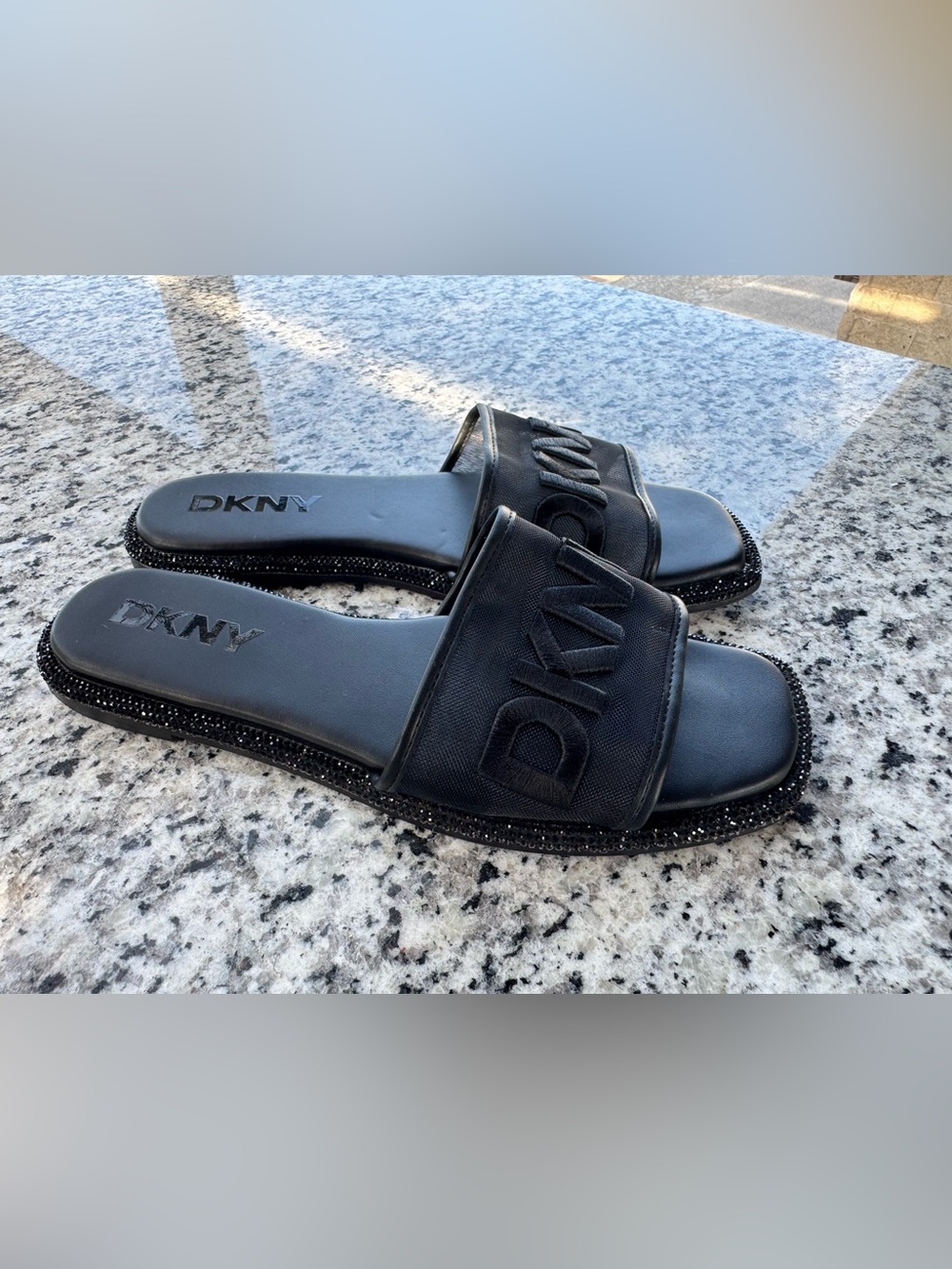 DKNY Black Embossed Logo Slide Sandals with Beaded Trim